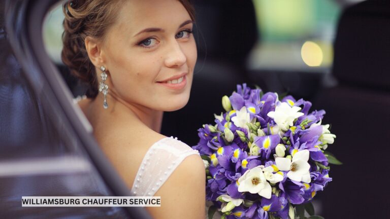 Bride elegantly seated in the back of a luxury wedding limousine, enjoying a serene moment on her special day.