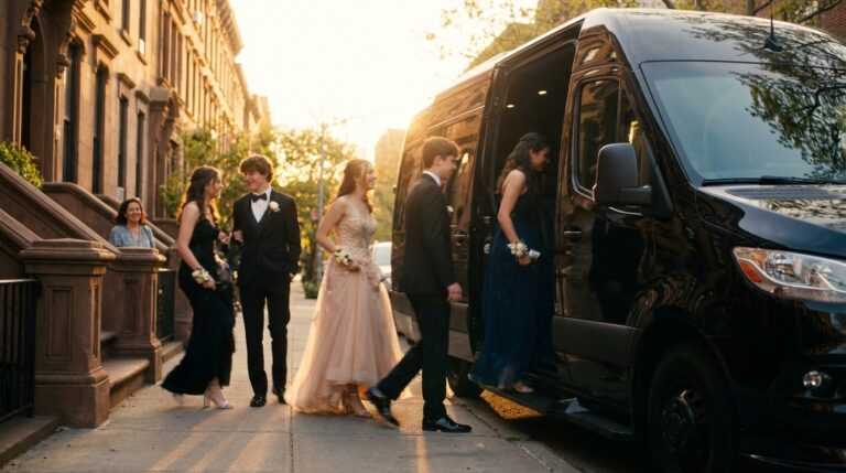 Teenagers dressed in formal prom attire step into a luxury Sprinter van outside a Williamsburg home at dusk, assisted by a professional chauffeur for safe, stylish transportation.
