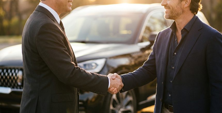 Close-up of a professional chauffeur and business executive shaking hands beside a black luxury SUV, highlighting premium corporate transportation service.