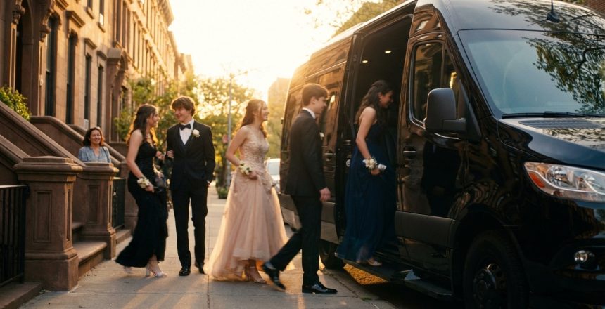 Teenagers dressed in formal prom attire step into a luxury Sprinter van outside a Williamsburg home at dusk, assisted by a professional chauffeur for safe, stylish transportation.